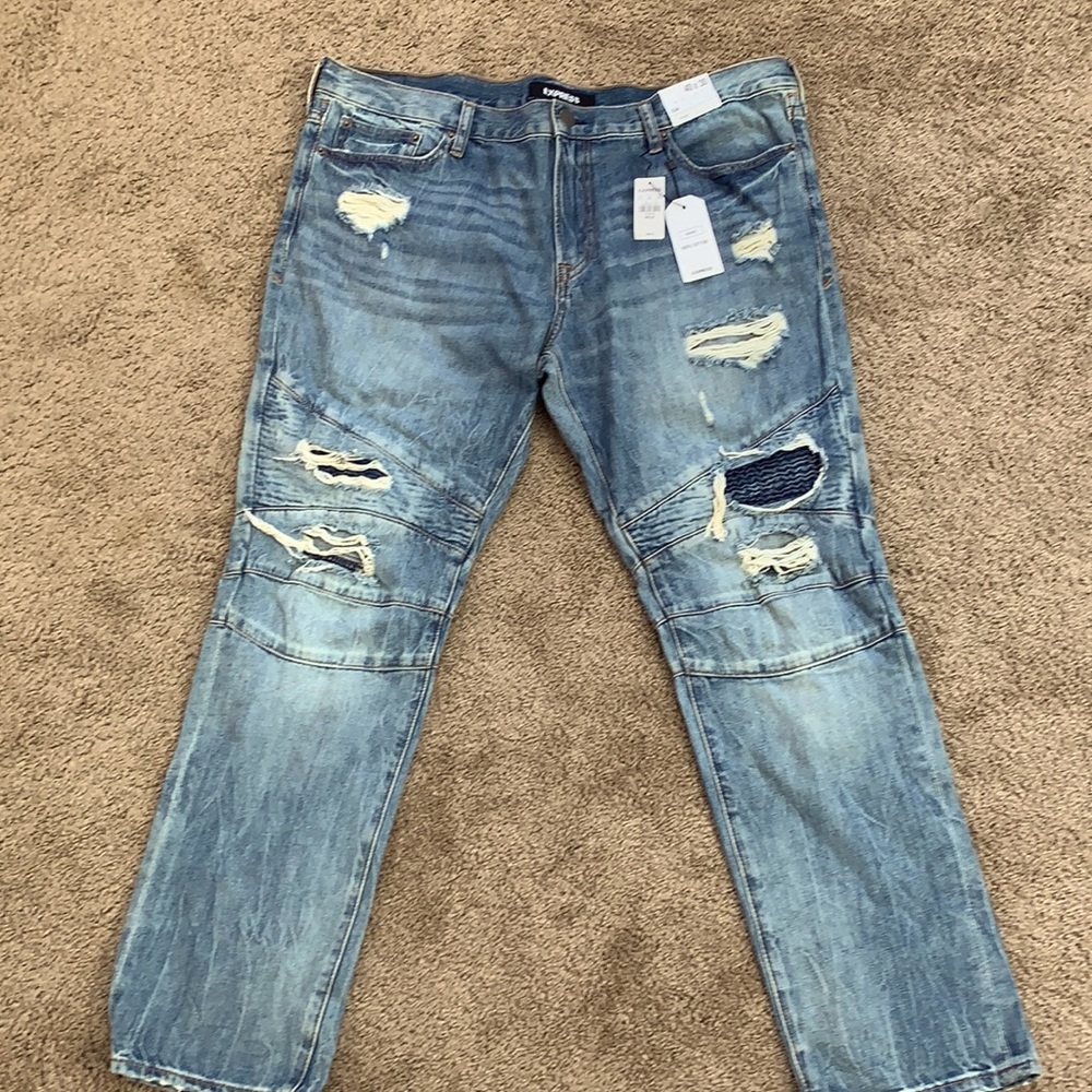 Express light wash moto rip and repair denim